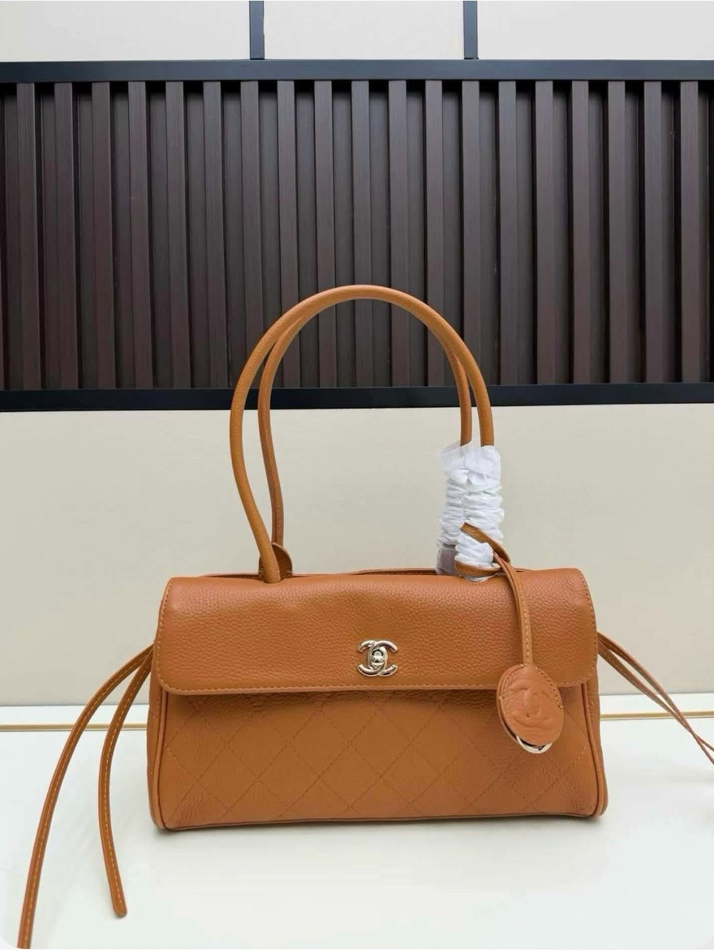 CHANEL Tan Quilted Leather Shoulder Bag with Top Handles